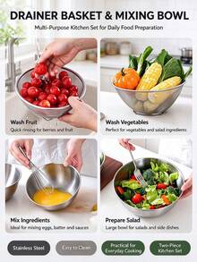 2pcs Stainless Steel Kitchen Strainer Set, Vegetable Washing Basket, Fruit Basket, Rice Strainer, Non-Food Suitable For Washing Vegetables, Fruits, Beans And Pasta. Home Kitchen Accessories, Noodle Strainer Basket, Salad Mixing Bowl, Salad Spinner, Fruit Storage Bowl. - Multiple Sizes - View 11