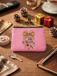 Christmas Bow Pendant Printed Canvas Coin Purse, Zipper Small Card Holder, Holiday Gift Coin Storage Bag, Christmas Bow, Santa Claus Print, Holiday Small Gift, Portable Storage Bag - Multicolor - View 8