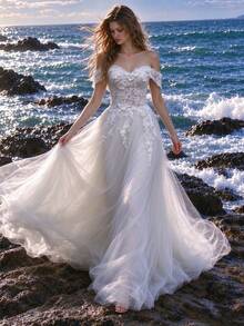 White, Lace, V-Neck, 3D Floral, Lace-Up, Train, A-Line Wedding Dress, Church Wedding, Manor Wedding, Reception, Party Bridal Gown - White - View 1