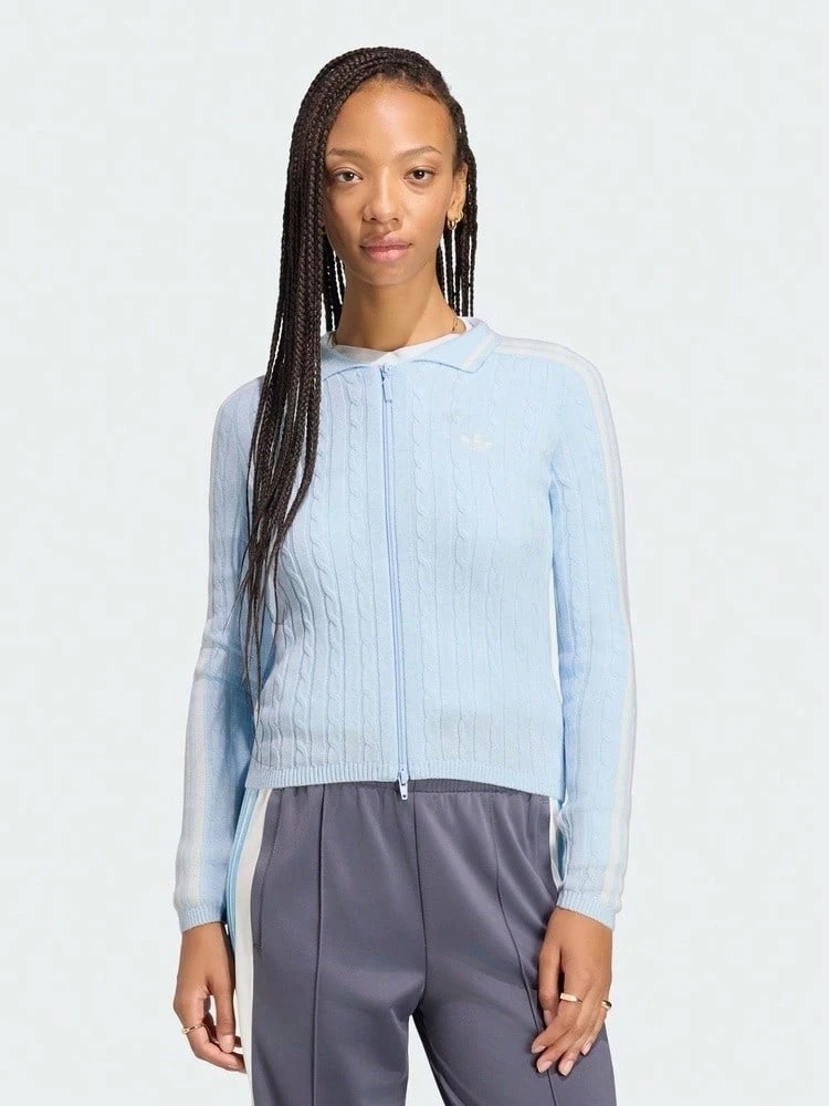 Adidas Originals Women's ORIGINALS KNITTED FULL ZIP TOP Casual Double Zipper Cable Knit Cardigan Sweater Jacket LI0053 - Baby Blue - View 1