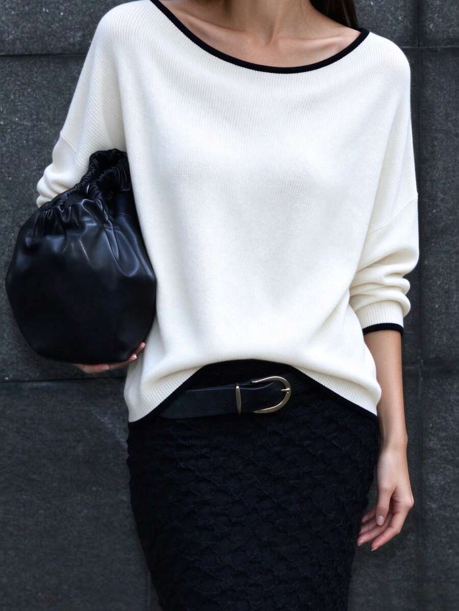 Women's Elegant Long Sleeve Knit Top With Large Scoop Neck, Contrast Trim And Dropped Shoulder Design, Suitable For Autumn Wear - White - View 1