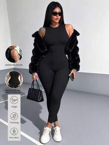 Mono talla grande, moda adelgazante cómoda y sexy para uso casual, versátil para uso diario, graduación, Día de la Independencia - Negro - Ver 1