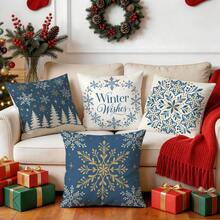 4pcs/1pc Christmas Blue & Gold Snowflake Pine Tree Pattern Pillow Case, Single-Sided Printed Pillow Cover, Suitable For Living Room, Bedroom, Home Decor, All Season Pillow Case - Multicolor - View 8