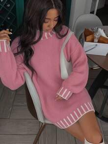 Plus Size Women's Casual Colorblock Striped Stand Collar Sweater, Autumn/Winter - Hot Pink - View 5