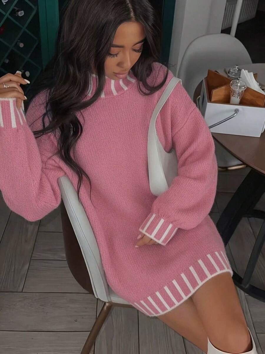 Plus Size Streetwear High Neck Long Sleeve Warm Sweater - Hot Pink - View 1