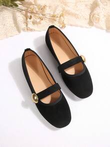 Women's Solid Color All-Season Flat Ballet Shoes With Faux Suede Upper, Fashionable Round Toe Slip-On Flat Mary Jane Shoes For Daily Wear, Office And Gatherings - Black - View 2