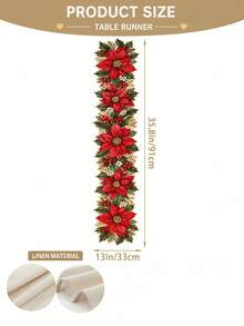 1pc Traditional Red Poinsettia Linen Table Runner, Holly Berry Evergreen Branch Printed Contoured Table Decor, Classic Christmas Kitchen Dining Centerpiece For Xmas Eve, Family Feast And Holiday Party - A - View 12