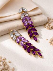 1 Pair Fashionable Elegant Gradient Purple Leaf Crystal Earrings For Women Daily Wear Party Wedding Jewelry - Purple - View 2