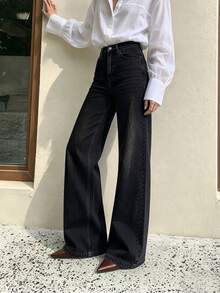 女款秋季休閒水洗牛仔寬腿長褲，附口袋，長版，中彈性，四季時尚 - 黑色 - 查看 4