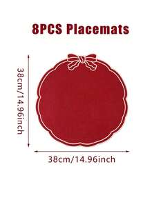 8pcs/4pcs Red Christmas Linen Placemats, Red Bow Design, 38cm Diameter Round Table Mats, Holiday Party Table Decor, Festive Tabletop Accessories, Home Kitchen Decoration, Merry Christmas Decor - A - View 12