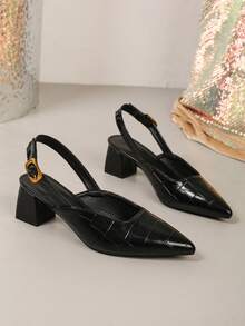 Pointed Toe Slingback Sandals, Women's Elegant High Heels, Chunky Heel Closed Toe Pumps, Versatile Minimalist Women's Shoes, Patchwork Design - Black - View 6