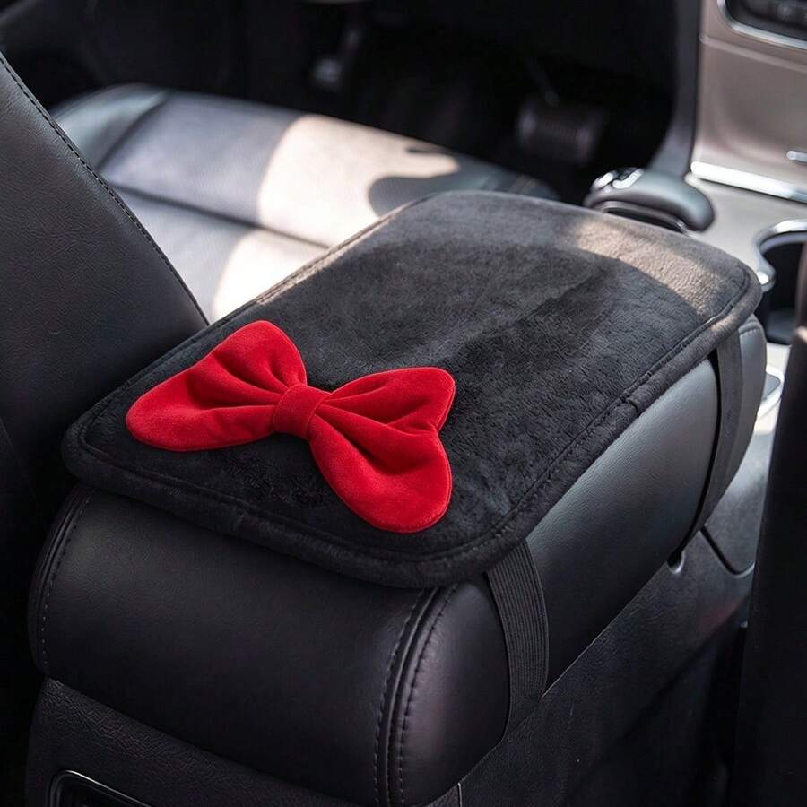 1pc Princess Style Velvet Large Bow Car Armrest Box Cover, All-Season Universal Center Console Armrest Protector, Women's Car Interior Accessory - A - View 1