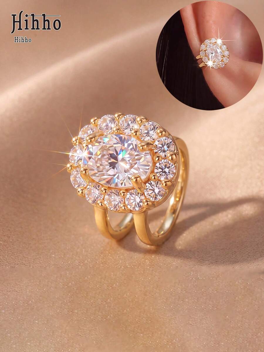 Hihho 1pc Luxury Oval Main Stone Surrounded By Zirconia Sunflower Ear Clip Egg-Shaped Design Gold-Tone Full Rhinestone Sparkling No-Piercing Fake Earring For Women, Suitable For Daily Commute, Banquet, Date, Atmospheric Accessory - Ear Clips - View 1