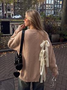 Oatmeal Round Neck Dropped Shoulder Sweater, Loose Slouchy Long Sleeve Soft Knit Casual Versatile Top - Khaki - View 2