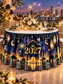 1件 2027新年桌裙，海軍藍金色清真寺新月燈籠煙花印花聚酯纖維荷葉邊桌裙，中東風格圓桌裝飾，適用於跨年派對、宴會、自助餐桌及節日居家裝飾 - D - 查看 7