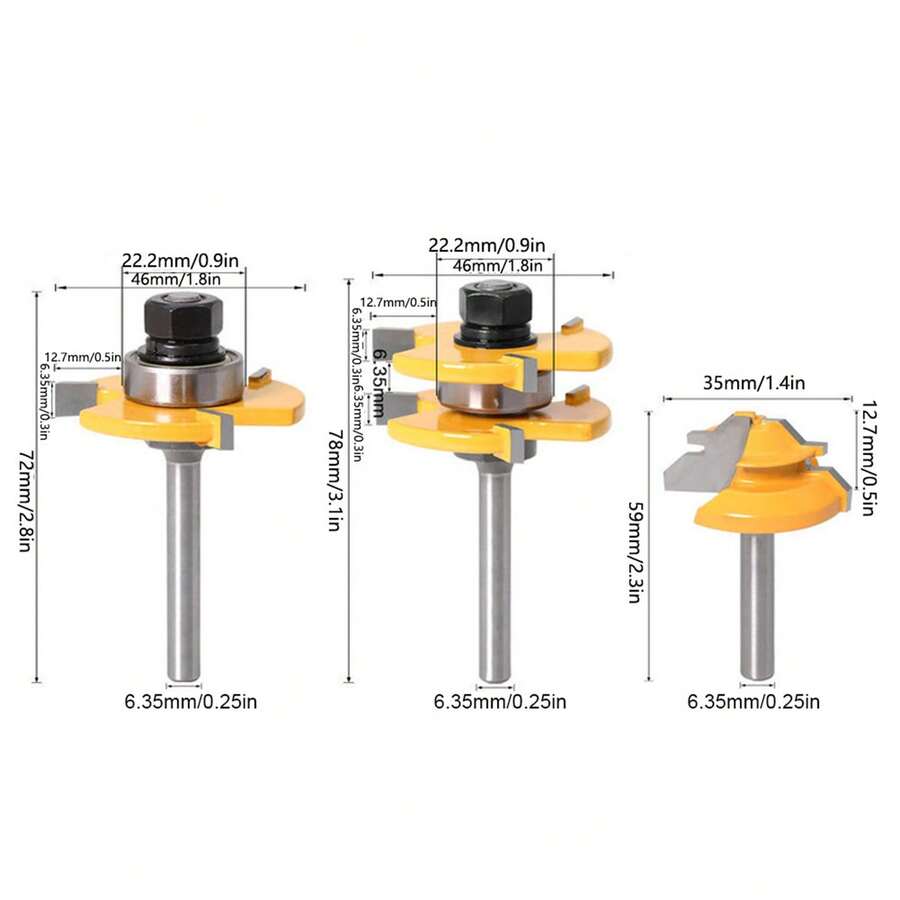 3-Piece Stile Router Bit Set, 45° Router Bit + 3-Tooth T-Shaped 1/4" Shank Wood Cutting Tool - A - View 1