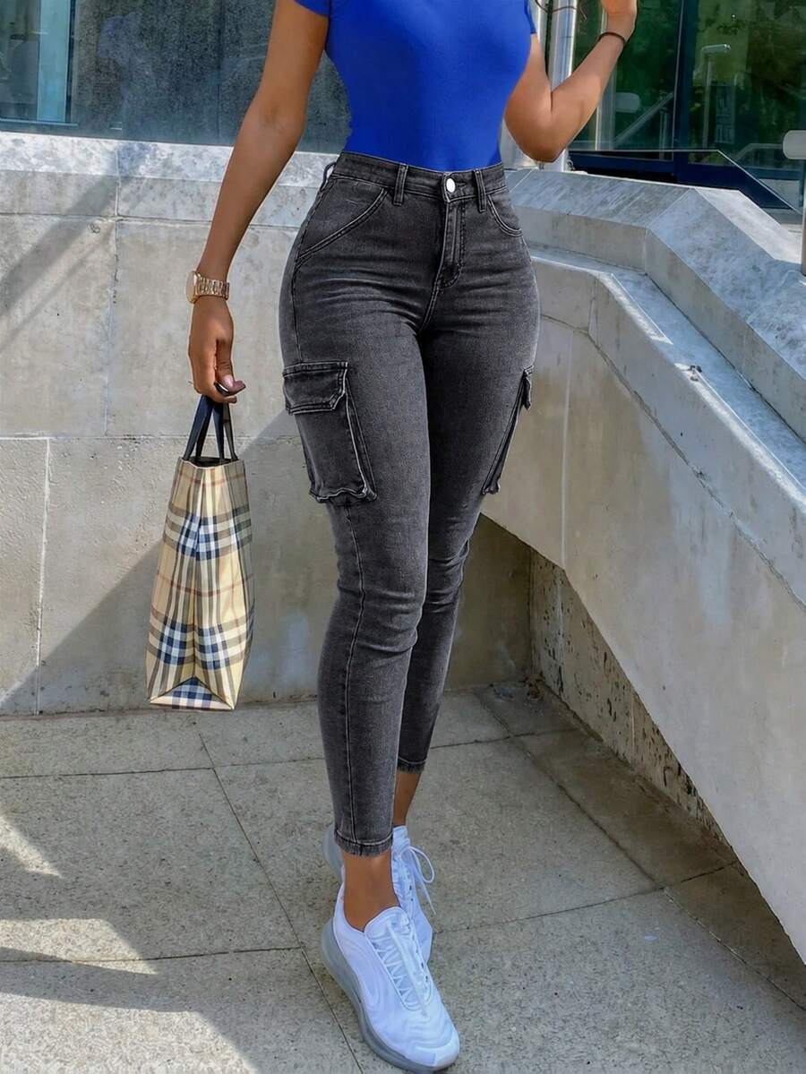 Women's Y2K Multi-Pocket Stretchy Skinny Cargo Jeans - Dark Gray - View 1