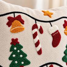 1pc Christmas Tufted Embroidered Pillow Case, 18x18 Inch Soft Plush Christmas Tree, Bell, Christmas Stocking, Candy Cane And Star Decorative Cushion Cover, Suitable For Sofa Bed, Holiday Home Decor, Without Insert - Beige - View 3