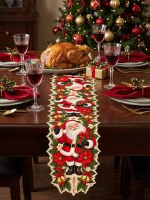 1pc Santa Claus Christmas Linen Table Runner, Red Santa, Gift Box, Gold Bell, Poinsettia And Holly Berry Print, Festive Floral Cutout Shape, Dining Table, Coffee Table And Holiday Party Home Decor - B - View 5