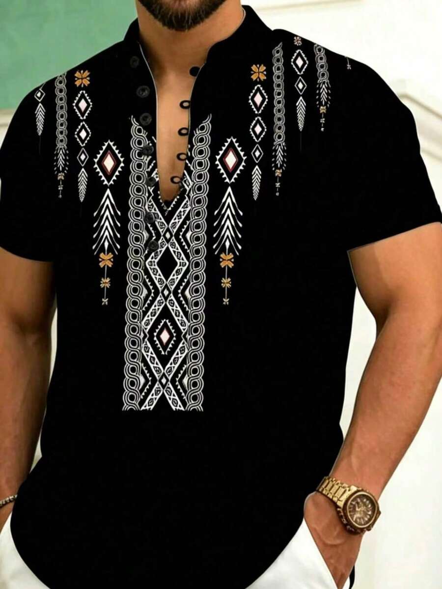 Men's Bohemian Loose Casual Geometric Print Notch Collar Shirt - Black - View 1