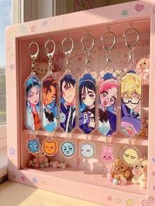 6pcs Anime High School Students Vertical Frame Aesthetic Acrylic Keychains With Mini Animal Charm, Backpack And Car Key Accessories, 2D Anime Fan, Japanese School Style Aesthetic, Chibi Charms Double Layer Pendant And Fan Merchandise Gift - Multicolor - View 1