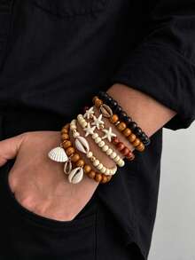 6pcs Bohemian Ocean Style Coconut Shell Beaded Bracelet Set With Starfish Shell Pendant, Men's Beach Party Vacation Charm Jewelry - Multicolor - View 6