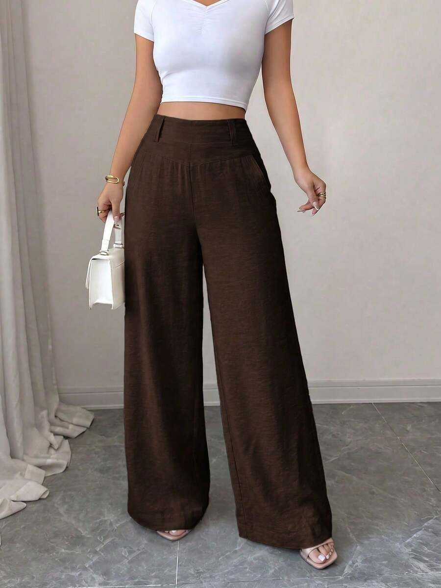 GLAMSKIN Fall Women High Waist Textured Wide Leg Linen Blend Pants,Stitch Detail Loose Palazzo Trousers With Pockets,Casual Summer Pants - Brown - View 1