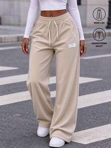 Beige Women's Soft Corduroy Wide Leg Loose Long Pants, Lightweight Autumn/Winter Style, Elastic Drawstring Waist, Side Pockets - Apricot - View 4