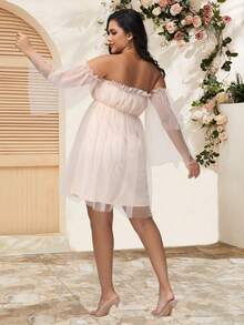JustVH Gaun Hamil Model Terbuka Bahu dengan Lengan Berkerut dan Jala, Cocok untuk Pesta Baby Shower dan Pemotretan Foto, Gaun Pendek Gaya Musim Semi - Aprikot - View 2
