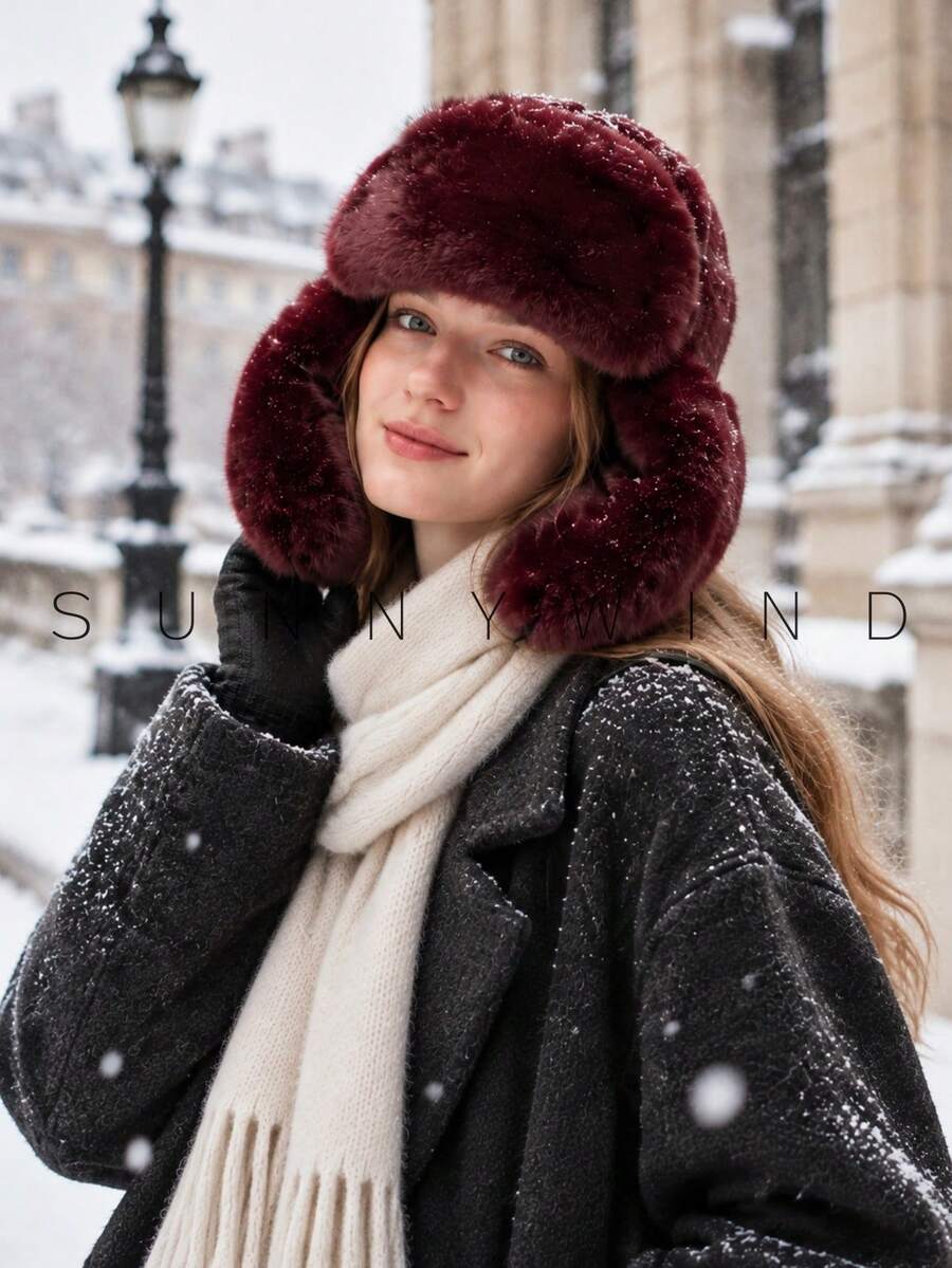 1pc Women's Solid Color Thick Fleece Warm Versatile Fashion Casual Polyester Plush Hat For Autumn/Winter Daily Wear - Burgundy - View 1
