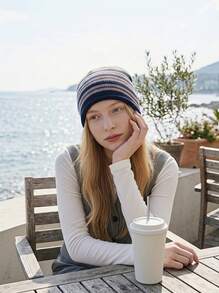 Cirelle 1pc Knitted Hat, Warm Beanie, Autumn/Winter, Korean Designer, Fashionable Knitted Hat, Unisex - Navy - View 3