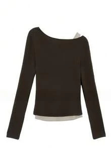 Women's Autumn/Winter Brown Faux Two-Piece Cold Shoulder Long Sleeve Knit T-Shirt, Slim Fit Flattering Base Layer Top - Coffee Brown - View 11