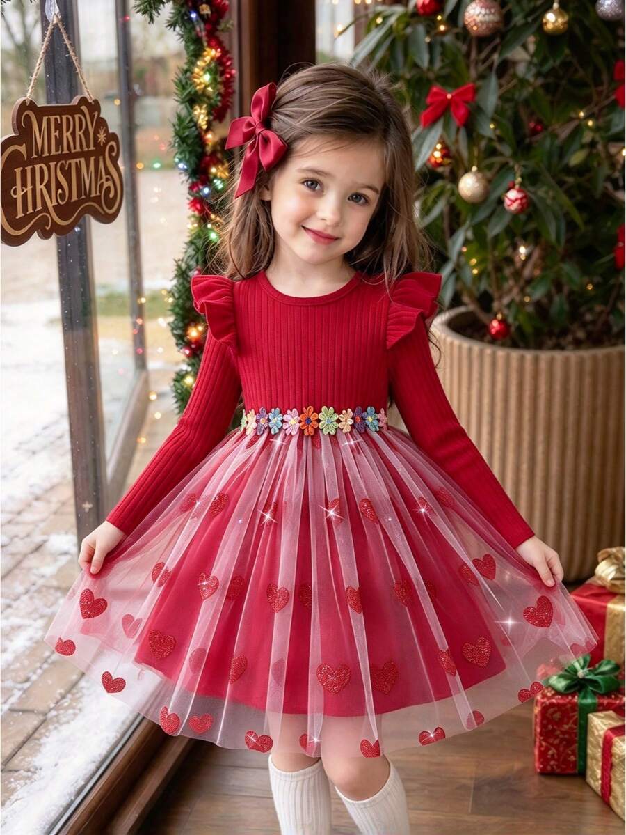 YOUNG Girls Christmas Red Ribbed Knit Dress Long Sleeve Ruffle Glitter Heart Mesh Tulle Tutu Skirt Flower Waistband Holiday Party Gown - Burgundy - View 1