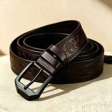 Vintage Men's Belt, Alloy Scratch-Resistant Metal Buckle, Exquisite Embossed Soft Strap, Premium Leather With Elegant Raised Tang Grass Pattern Design, Perfect Gift For Christmas And Halloween, Men's Multifunctional Fashion Accessory - AK Brown - View 2