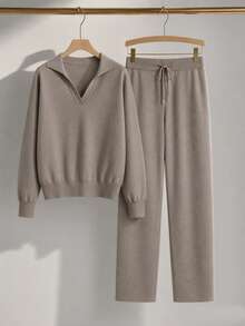 BYGOUBY 2pcs/Set Women's Polo Collar V-Neck Knit Sweater & Casual Long Pants Lounge Set, Soft & Comfortable, Autumn/Winter - Khaki - View 7