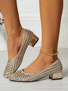 Women's Metallic Gold Woven Mesh Hollow High Heel Shoes, Square Toe Low Heel Slip-On Dress Shoes, Breathable Hollow Stretchable Design For Perfect Ankle Wrap, Suitable For Daily Wear And Parties - Gold - View 12