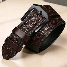 Vintage Men's Belt, Alloy Scratch-Resistant Metal Buckle, Exquisite Embossed Soft Strap, Premium Leather With Elegant Raised Tang Grass Pattern Design, Perfect Gift For Christmas And Halloween, Men's Multifunctional Fashion Accessory - AK Brown - View 5