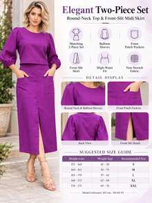 Women's Spring/Autumn Elegant Fashion Solid Color Round Neck Lantern Sleeve Top With Front Slit Pocket Skirt Set - Violet Purple - View 7