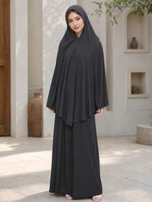 Elastic Puff Sleeve Long Sleeve Flowy Cinched Waist Top Set, Elegant Ramadan Prayer Jilbab, Solid Color Loose Abaya Top, Islamic Hijab Set, Suitable For Ramadan Daily Wear - Multicolor - View 11