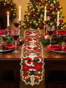 1pc Santa Claus Christmas Linen Table Runner, Red Santa, Gift Box, Gold Bell, Poinsettia And Holly Berry Print, Festive Floral Cutout Shape, Dining Table, Coffee Table And Holiday Party Home Decor - B - View 9