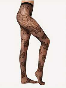 1 Pair Romantic Mesh Large Floral Exquisite Girly Lace High Elasticity Lifting Women's Charm Black Elegant Versatile Tights - Black - View 2
