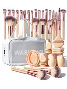 25/41pcs Makeup Tool Set, Includes: 1 Multi-Function Zipper Waterproof Makeup Bag + 25 Makeup Brushes + 2 Makeup Sponges + 4 Triangle Powder Puffs + 8 Mini Cushion Powder Puffs + 1 Makeup Brush Cleaning Tool. - Multicolor - View 1