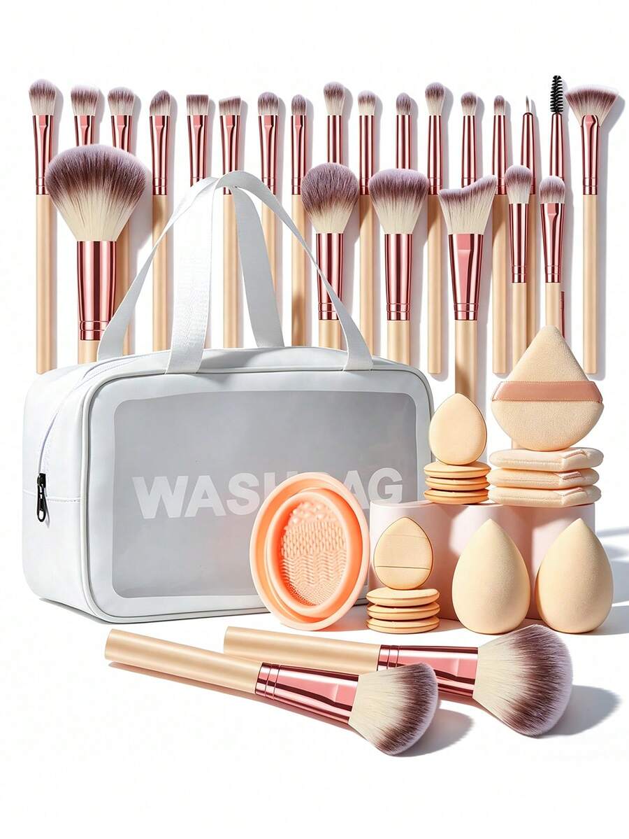 25/41pcs Makeup Tool Set, Includes: 1 Multi-Function Zipper Waterproof Makeup Bag + 25 Makeup Brushes + 2 Makeup Sponges + 4 Triangle Powder Puffs + 8 Mini Cushion Powder Puffs + 1 Makeup Brush Cleaning Tool. - Multicolor - View 1