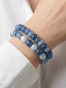 2pcs/Set Handmade Blue Cracked Pattern Beaded Bracelets, High Quality ...