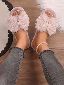 Pink Plush Women's Winter House Slippers With Bow And Pearl Decor, Open Toe One-Strap Fuzzy Slippers - Pink - View 1