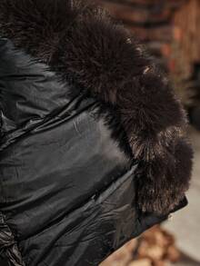 Women's Long Sleeve Loose Fit Large Fur Collar Winter Coat - Black - View 3