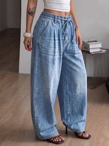 Women's Casual Wide Leg Jeans, Drawstring Waist With Pockets, Loose Fit Long Vintage Style Pants - Medium - View 4