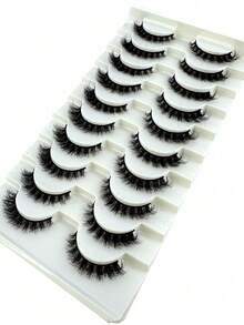 New 10 Pairs 6D Fluffy False Eyelashes, Soft Fluffy, Handmade, Reusable, Short Natural Style, 3D Stereoscopic Mink False Eyelashes, 3D Cilioss False Eyelashes, Strip False Eyelashes, Eyelashes, False Eyelashes - Black - View 6