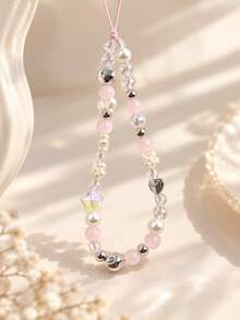 1pc Pink Bead & Iridescent Star Heart Flower Beaded Phone Chain, Sweet Style Phone Wrist Lanyard, Cute Accessory Gift - Multicolor - View 3