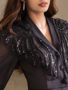 ALIAO Spring/Summer Rhinestone Jacquard V-Neck Puff Sleeve Top, Palace Style, Suitable For Weddings, Parties And Daily Commute - Black - View 2